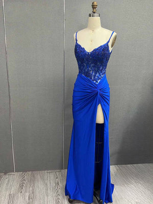 Green V Neck Beading Satin Long Slit Prom Dresses – Prom Dresses by KissProm | Available at KissProm