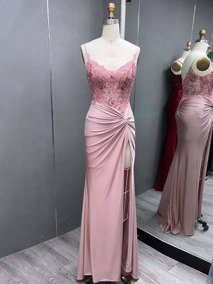 Green V Neck Beading Satin Long Slit Prom Dresses – Prom Dresses by KissProm | Available at KissProm