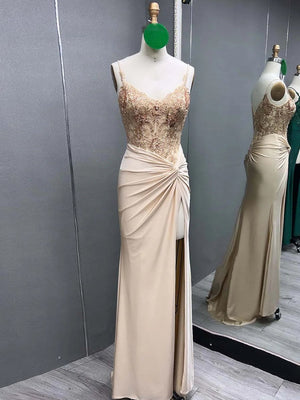 Green V Neck Beading Satin Long Slit Prom Dresses – Prom Dresses by KissProm | Available at KissProm
