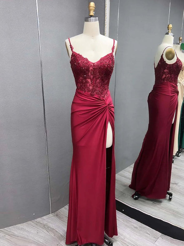 Green V Neck Beading Satin Long Slit Prom Dresses – Prom Dresses by KissProm | Available at KissProm