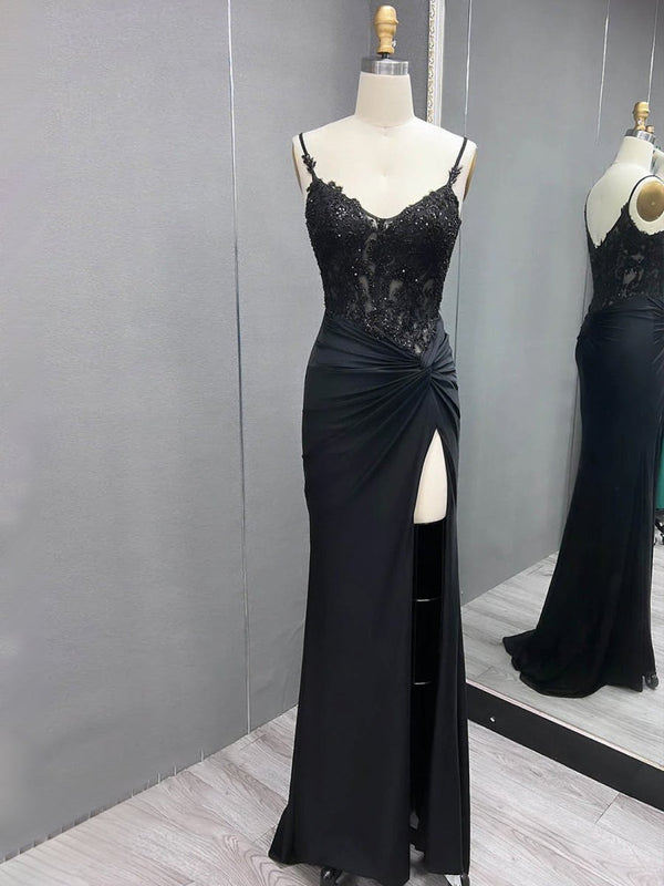 Green V Neck Beading Satin Long Slit Prom Dresses – Prom Dresses by KissProm | Available at KissProm