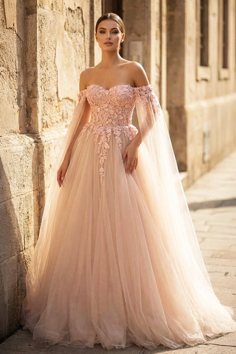 Blush Pink 3D Floral Lace Off - the - Shoulder Ball Gown - KissProm