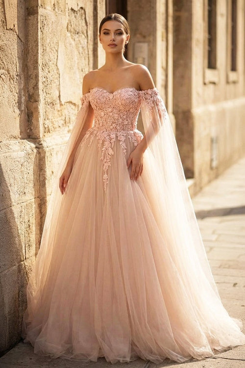 Blush Pink 3D Floral Lace Off - the - Shoulder Ball Gown - KissProm