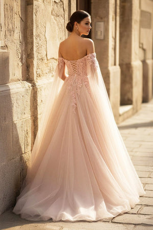 Blush Pink 3D Floral Lace Off - the - Shoulder Ball Gown - KissProm