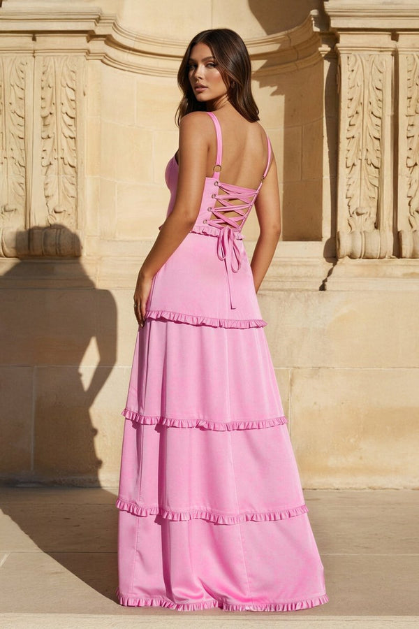 A-Line Hot Pink Ruffles Slit Prom Dress with Lace-up Back - KISSPRPM PROM DRESSES