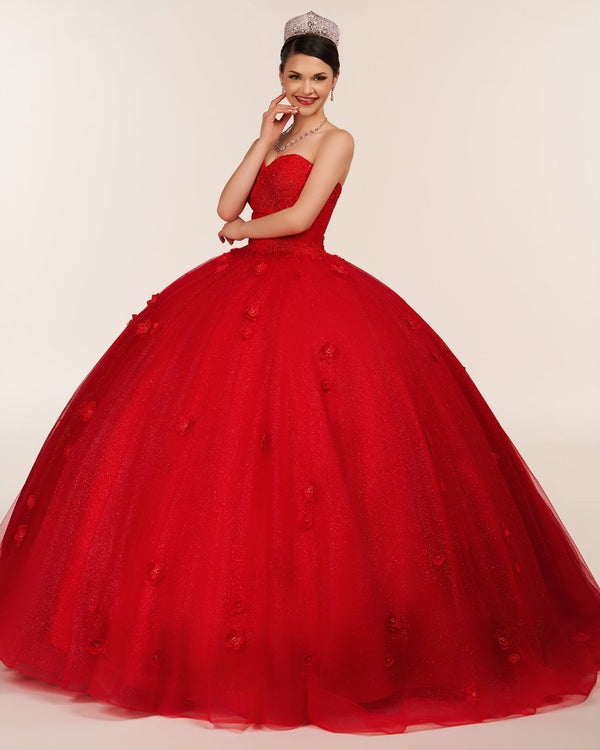 Red 3D Flowers Glitter Sequins Sleeveless Quinceanera Dresses