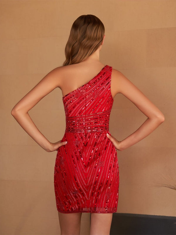 Sparkly Black Bodycon One Shoulder Sequin Star Mini Party Dresses – Homecoming Dresses by KissProm | Available at KissProm
