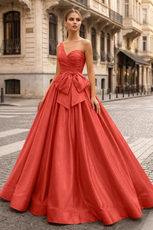 One Shoulder Satin A Line Prom Dress With Bow - KissProm