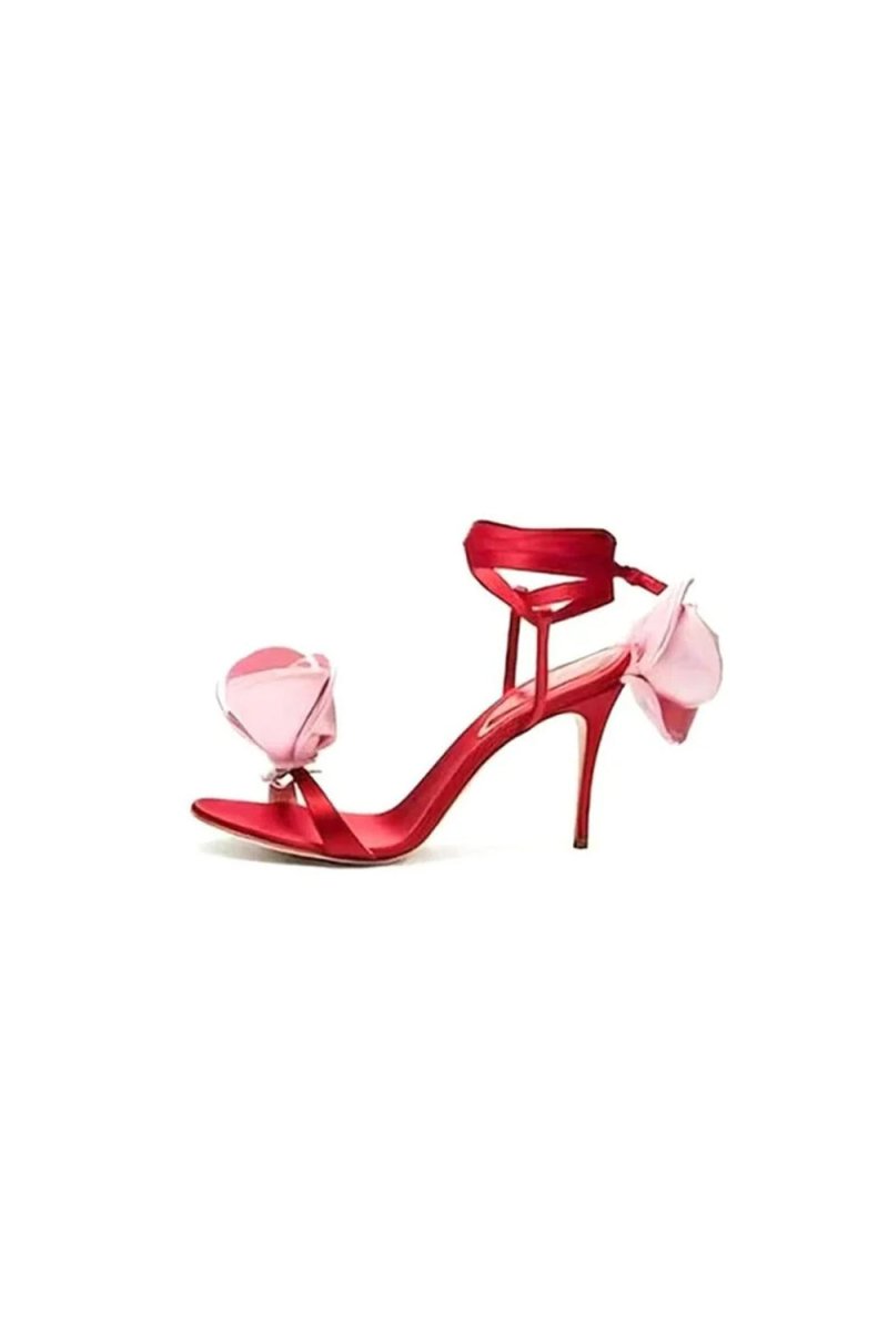 Red Flower Lace Up High Heel Sandals - KissProm