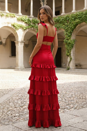 Knotted Sage Ruffles Mermaid Tiedred Maxi Dress - KissProm