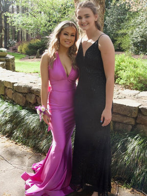 Red Satin Mermaid Tight V Neck Long Prom Dress With Bow Tie - KissProm