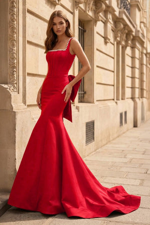 Black Square Neck Mermaid Satin Long Prom Dresses With Pearls – Prom Dress by KissProm | Available at KissProm