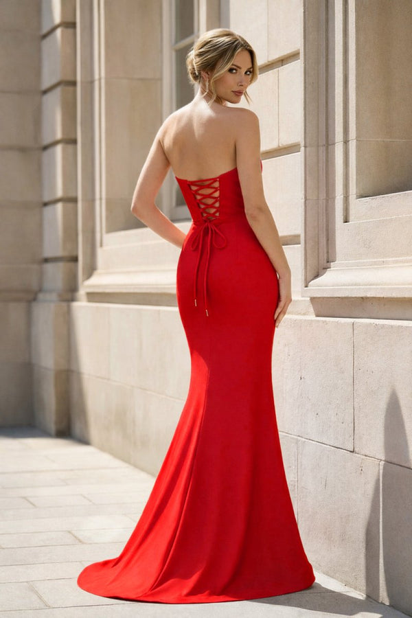 Fuchsia Strapless Mermaid Satin Long Prom Dresses With Beading - KissProm