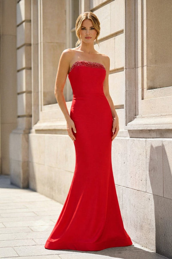 Fuchsia Strapless Mermaid Satin Long Prom Dresses With Beading - KissProm