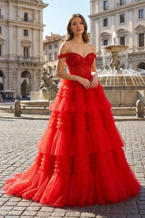 Red Tulle Off - the - Shoulder Ruffle Tiered Long Prom Dress - KissProm