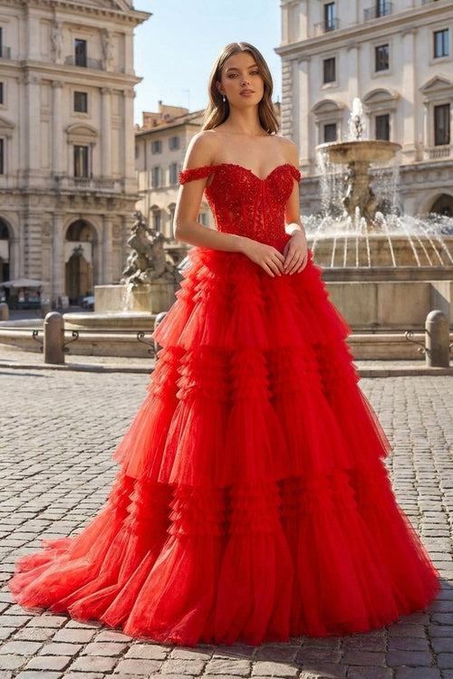 Red Tulle Off - the - Shoulder Ruffle Tiered Long Prom Dress - KissProm