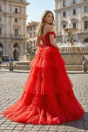 Red Tulle Off - the - Shoulder Ruffle Tiered Long Prom Dress - KissProm