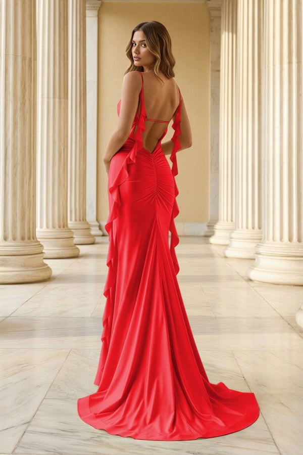 Yellow Spaghetti Straps Mermaid Satin Ruffled Long Prom Dresses With Slit - KissProm