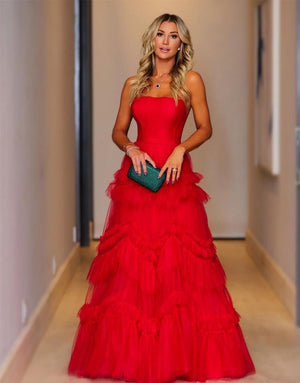 Matilda |Red A - Line Strapless Ruffled Tulle Evening Dress - KissProm