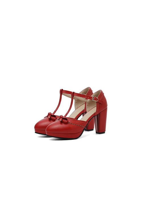 Retro Bow T - Strap High Heels Shoes - KissProm