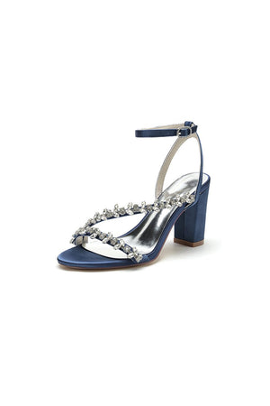 Rhinestone Beaded Ankle Straps Chunky Wedding Shoes - KissProm