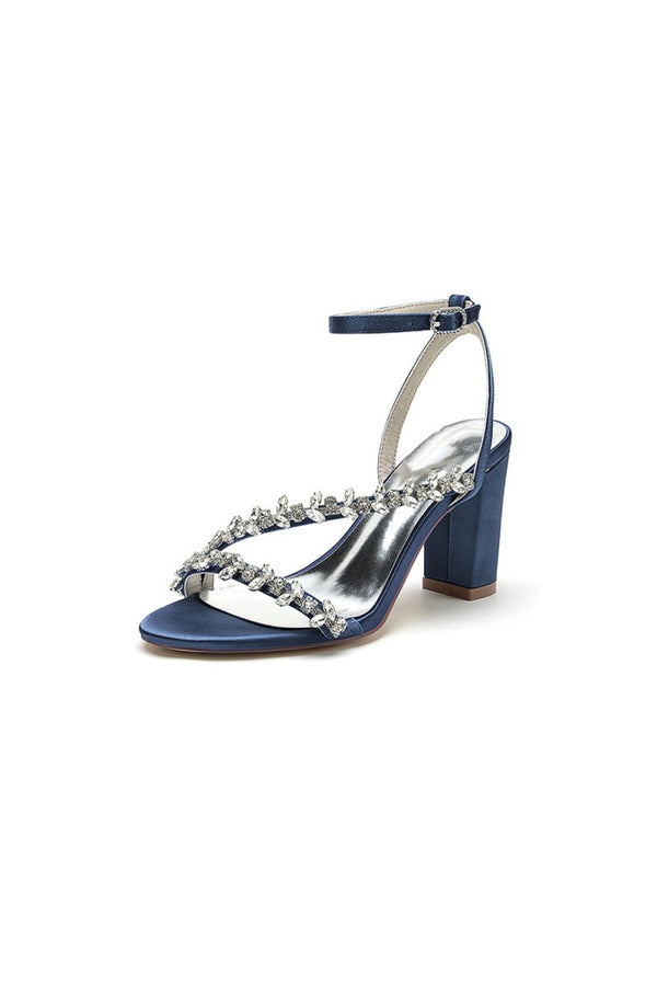 Rhinestone Beaded Ankle Straps Chunky Wedding Shoes - KissProm