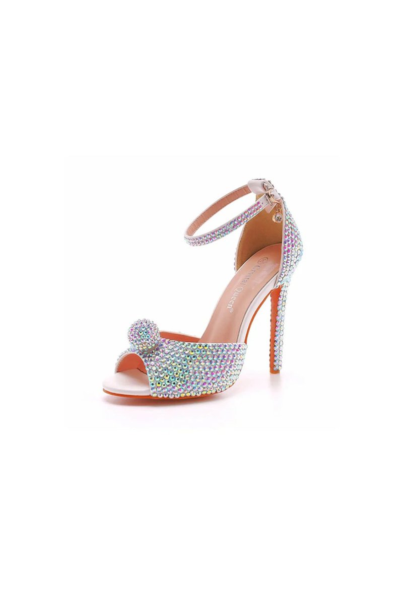 Rhinestone Embellished Open Toe Ankle Strap Stiletto Heels - KissProm