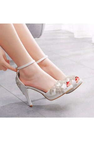 Rhinestone Flowers Decor Peep Toe Platform Stiletto Ankle - strap High Heels - KissProm