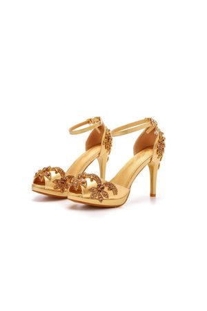Rhinestone Flowers Decor Peep Toe Platform Stiletto Ankle - strap High Heels - KissProm