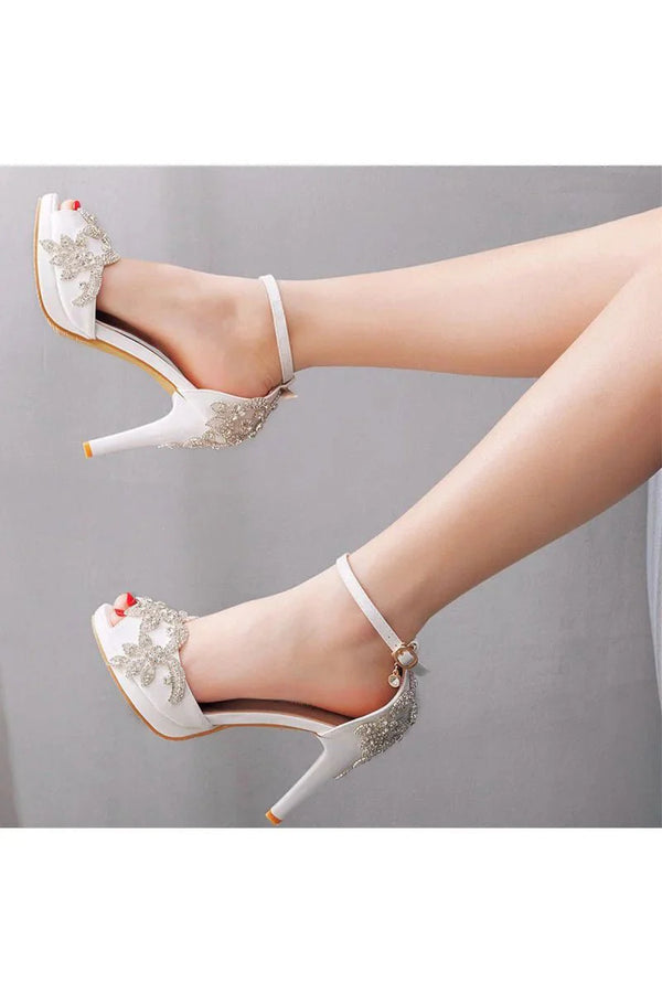 Rhinestone Flowers Decor Peep Toe Platform Stiletto Ankle - strap High Heels - KissProm