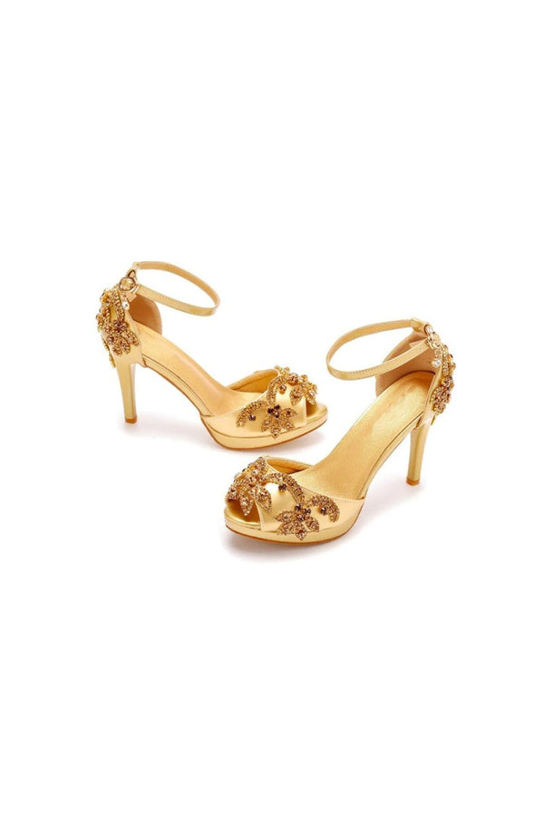 Rhinestone Flowers Decor Peep Toe Platform Stiletto Ankle - strap High Heels - KissProm