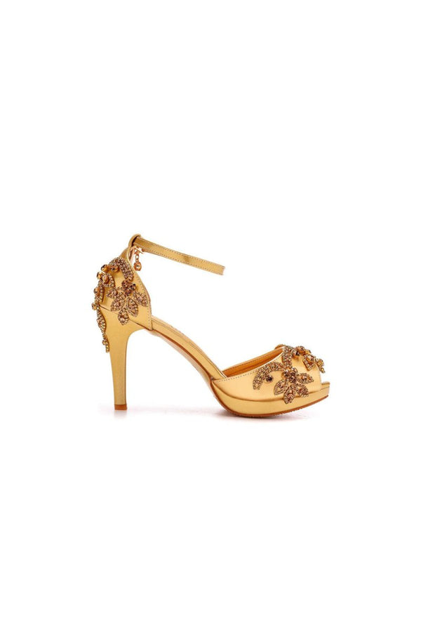 Rhinestone Flowers Decor Peep Toe Platform Stiletto Ankle - strap High Heels - KissProm