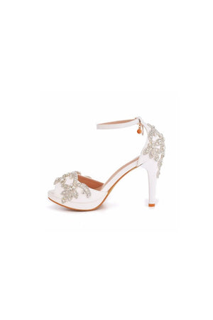 Rhinestone Flowers Decor Peep Toe Platform Stiletto Ankle - strap High Heels - KissProm