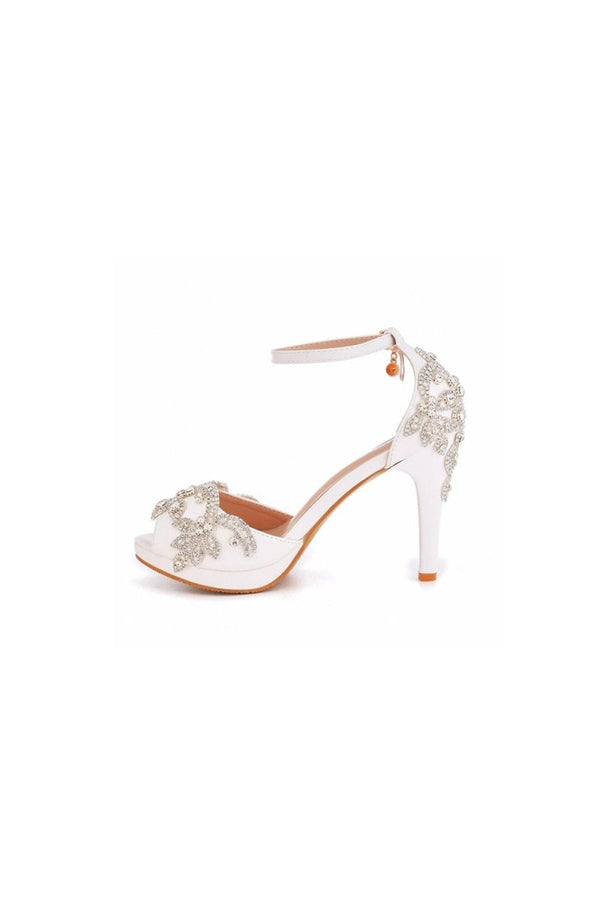 Rhinestone Flowers Decor Peep Toe Platform Stiletto Ankle - strap High Heels - KissProm