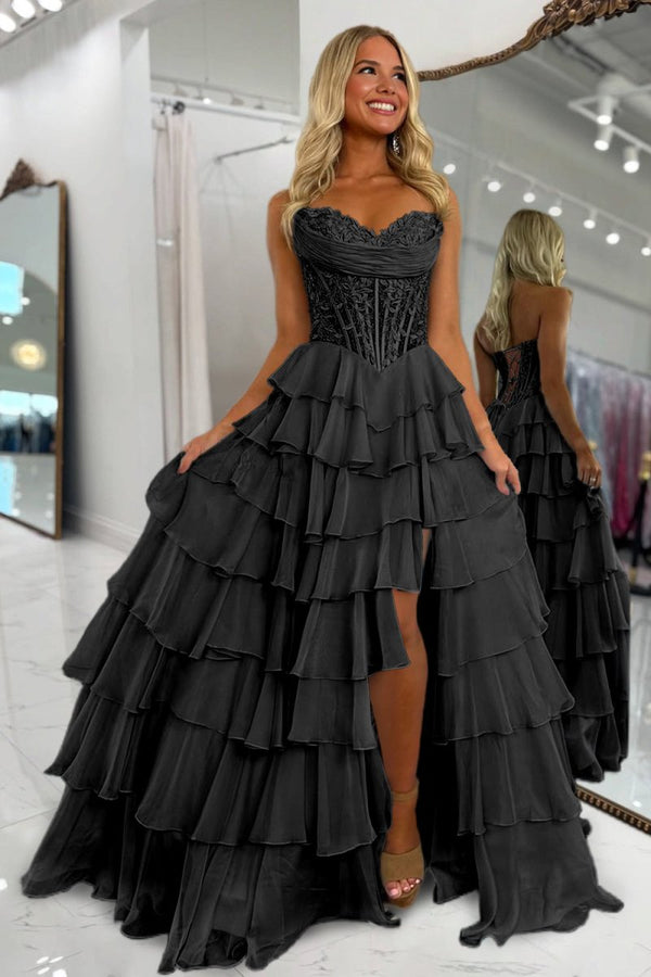 Black - Sweetheart A Line Chiffon Ruffled Prom Dresses With Appliques – Prom Dress by KissProm | Available at KissProm