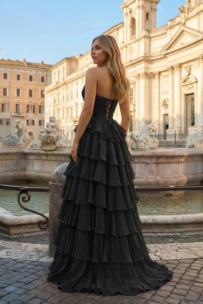 Black - Sweetheart A Line Chiffon Ruffled Prom Dresses With Appliques – Prom Dress by KissProm | Available at KissProm