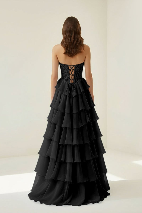 Black - Sweetheart A Line Chiffon Ruffled Prom Dresses With Appliques – Prom Dress by KissProm | Available at KissProm
