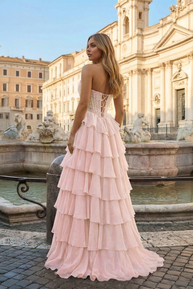 Pink - Sweetheart A Line Chiffon Ruffled Prom Dresses With Appliques – Prom Dress by KissProm | Available at KissProm