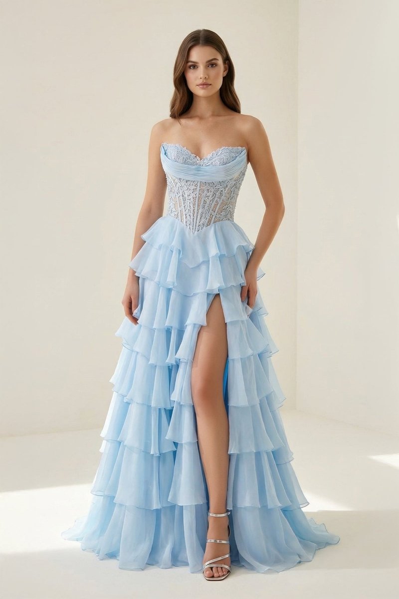 Sky Blue - Sweetheart A Line Chiffon Ruffled Prom Dresses With Appliques – Prom Dress by KissProm | Available at KissProm