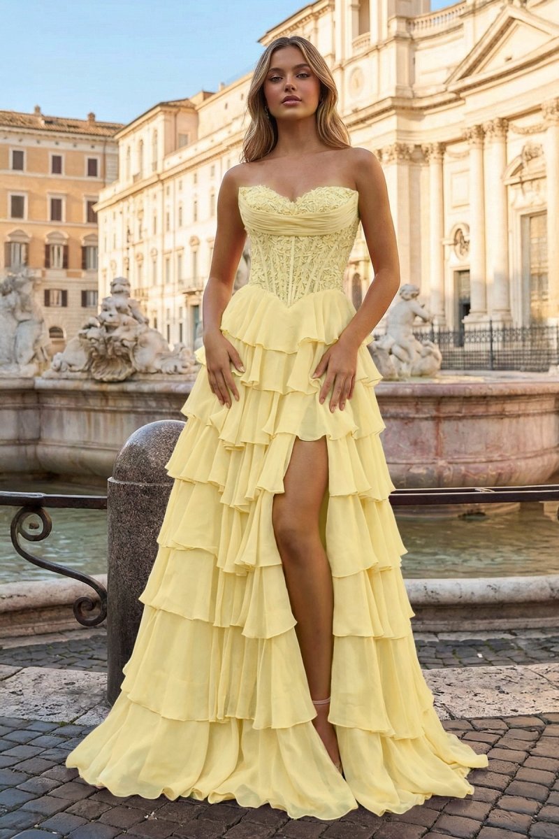 Yellow - Sweetheart A Line Chiffon Ruffled Prom Dresses With Appliques – Prom Dress by KissProm | Available at KissProm