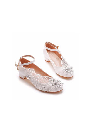 Round Toe Lace Rhinestones Ankle Strap Chunky Heel Wedding Shoes - KissProm
