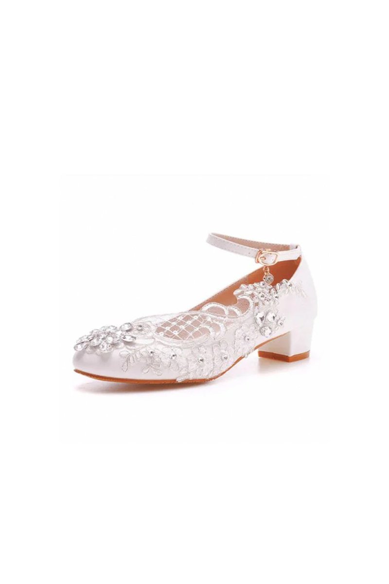 Round Toe Lace Rhinestones Ankle Strap Chunky Heel Wedding Shoes - KissProm