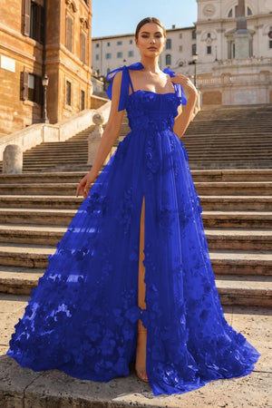 Scarlet Tulle A - line 3D Flower Long Prom Dress With Slit - KissProm