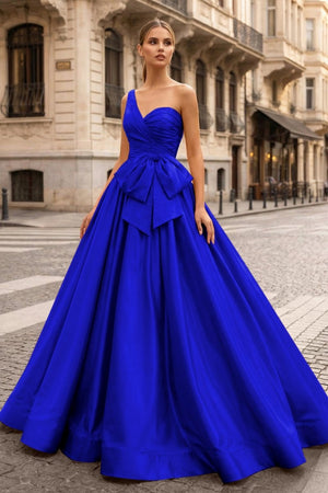 One Shoulder Satin A Line Prom Dress With Bow - KissProm