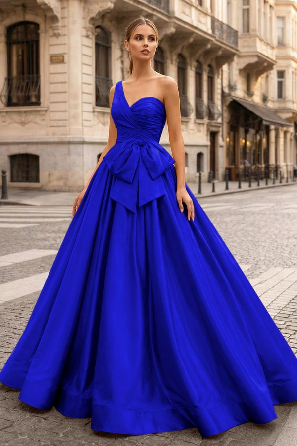 One Shoulder Satin A Line Prom Dress With Bow - KissProm