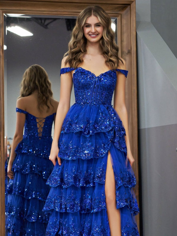 Royal Blue Princess A Line Off the Shoulder Corset Prom Dress with Lace Ruffles – Prom Dress by KissProm | Available at KissProm