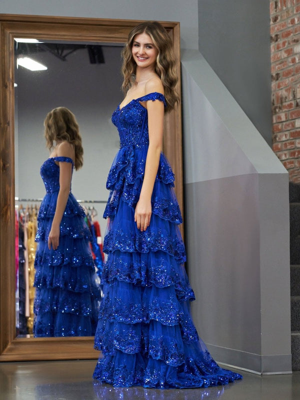 Royal Blue Princess A Line Off the Shoulder Corset Prom Dress with Lace Ruffles – Prom Dress by KissProm | Available at KissProm