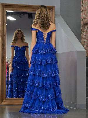 Royal Blue Princess A Line Off the Shoulder Corset Prom Dress with Lace Ruffles – Prom Dress by KissProm | Available at KissProm