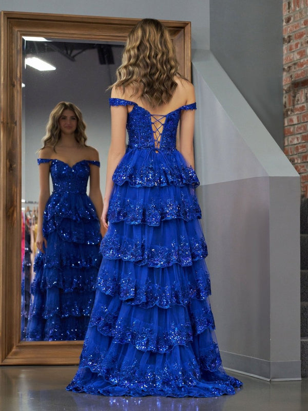 Royal Blue Princess A Line Off the Shoulder Corset Prom Dress with Lace Ruffles – Prom Dress by KissProm | Available at KissProm