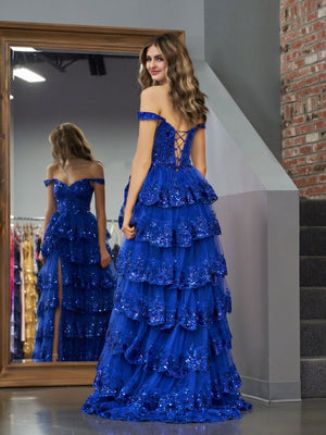 Royal Blue Princess A Line Off the Shoulder Corset Prom Dress with Lace Ruffles – Prom Dress by KissProm | Available at KissProm